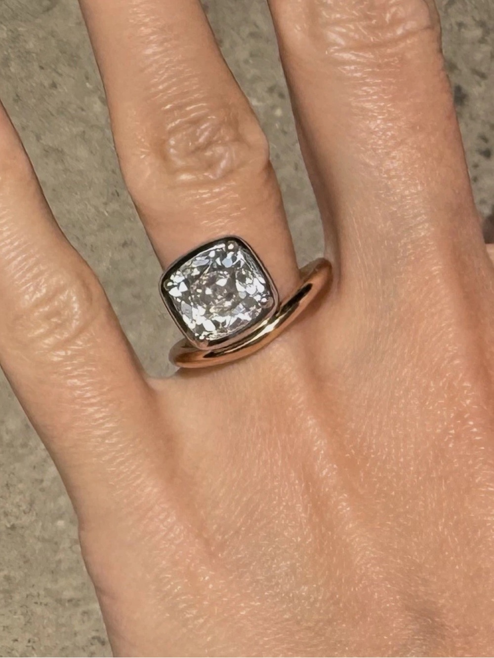 Ratner style “perch” ring in 14k with cushion diamond 3.16 CT I color VS1 IGI
